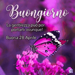GIF buongiorno Buona 28 Aprile con sole luminoso, fiori colorati e messaggio positivo per iniziare la giornata con energia e felicità