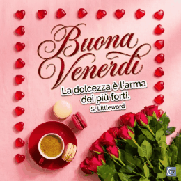GIF buongiorno buon venerdì con messaggio positivo, colori vivaci e atmosfera allegra per iniziare la giornata con energia e buon umore