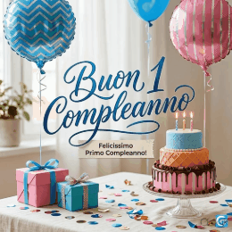 GIF animata di Buon 1° Compleanno con palloncini colorati, torta e decorazioni festive per bambini