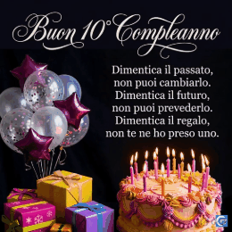 GIF animata di Buon 10° Compleanno con palloncini colorati, torta, candeline e auguri festosi per bambini e ragazzi