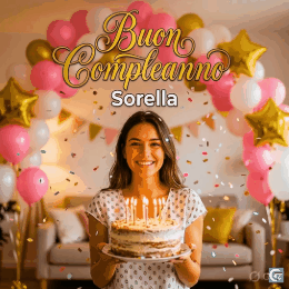 GIF animata di buon compleanno per sorella con auguri affettuosi, torta colorata, palloncini e messaggio dolce per celebrare un giorno speciale