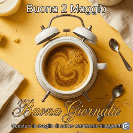 GIF buongiorno buona 2 maggio con sole splendente, fiori colorati e messaggio positivo per iniziare la giornata con energia