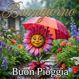 GIF immagini Buongiorno con la pioggia 2026 con tazza di caffè, ombrello e atmosfera rilassante del mattino
