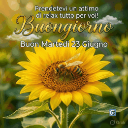 Nuove immagini e GIF di buongiorno per martedì 23 giugno con scene allegre, tazze di caffè, fiori colorati e messaggi positivi per augurare una giornata piena di energia e buonumore