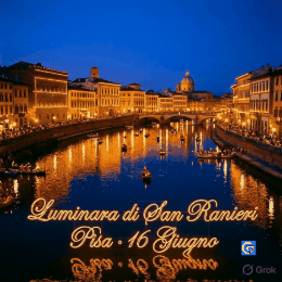 Immagini e gif della luminara di san ranieri a pisa con migliaia di luci che illuminano il lungarno e le imbarcazioni ornate sul fiume arno durante la notte della festa