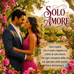 Immagine romantica con auguri di buon anniversario per fratello e cognata, coppia sorridente che si abbraccia teneramente tra fiori e cuori, perfetta per esprimere gioia e affetto familiare
