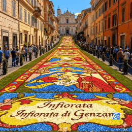Immagini e GIF recenti dell'Infiorata di Genzano con i tappeti di fiori artistici creati per la 248esima edizione e il tema "Fiorita nella pace: 80 anni della Repubblica Italiana"