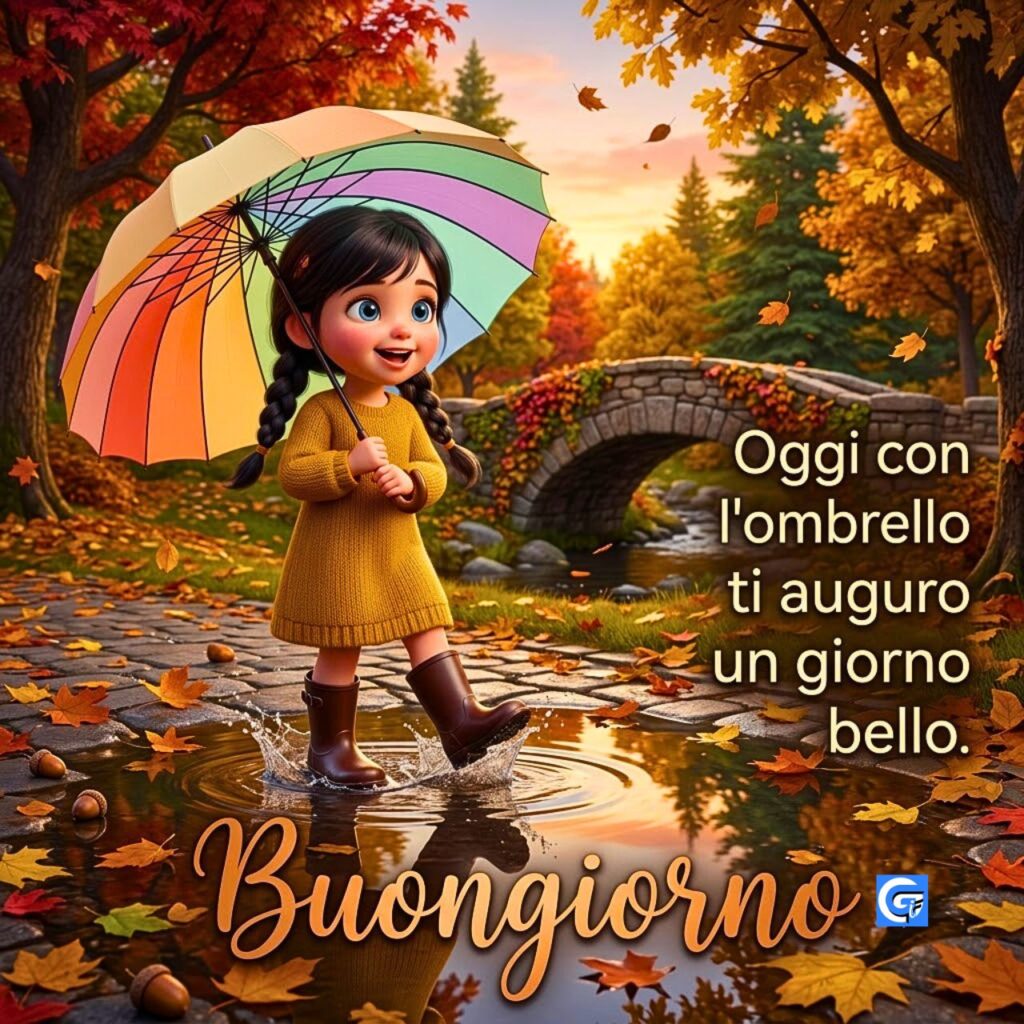 Bambina con ombrello arcobaleno salta in un parco autunnale. Testo: "Buongiorno" e auguri.