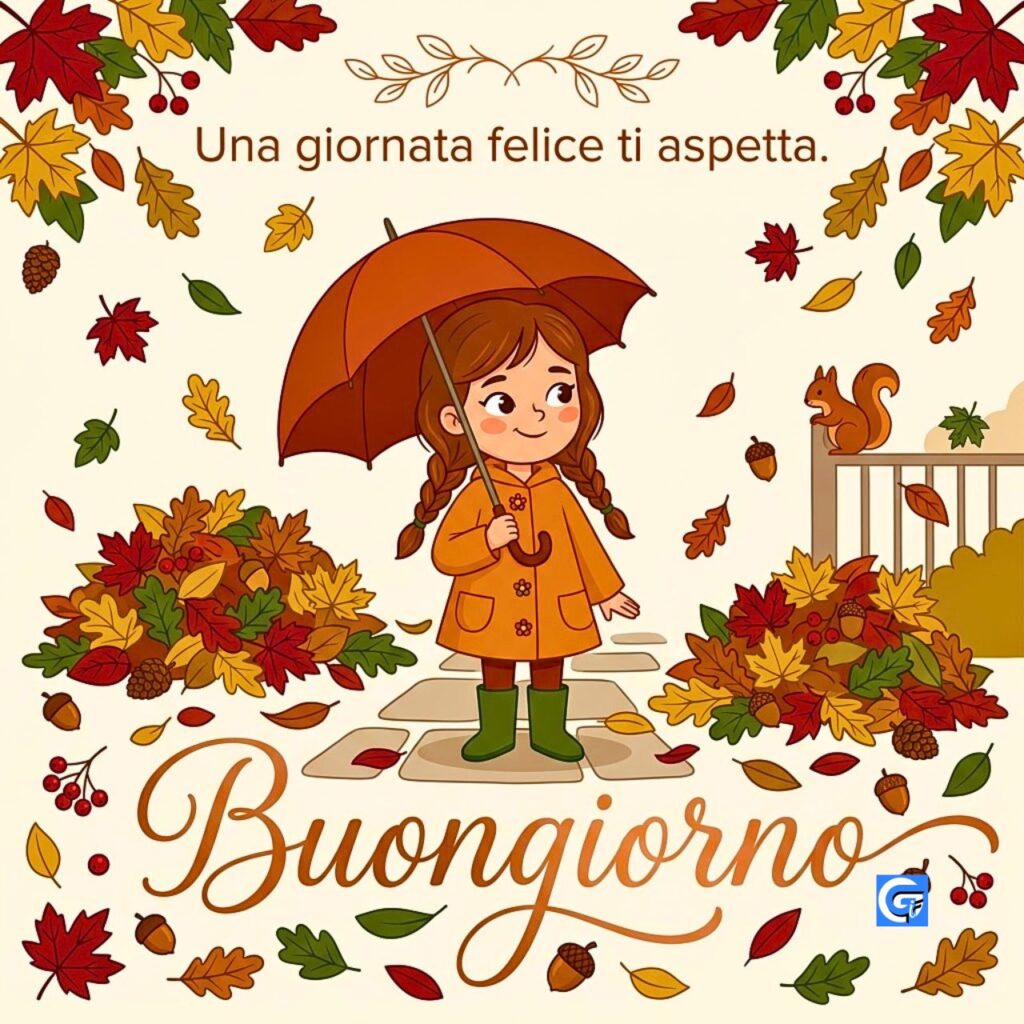Bambina con ombrello e stivali tra foglie autunnali, scoiattolo e testo "Buongiorno".