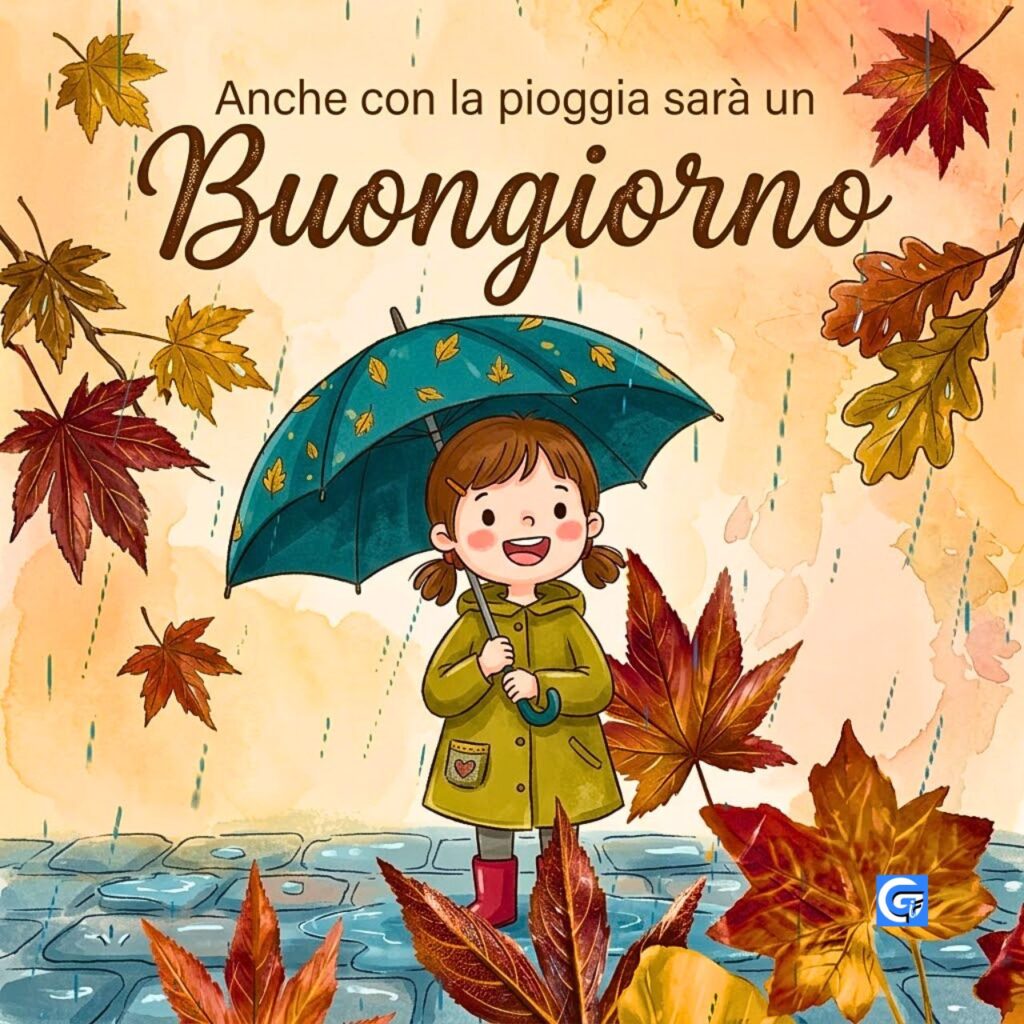 Bambina con ombrello nella pioggia autunnale e testo "Anche con la pioggia sar&agrave; un Buongiorno".