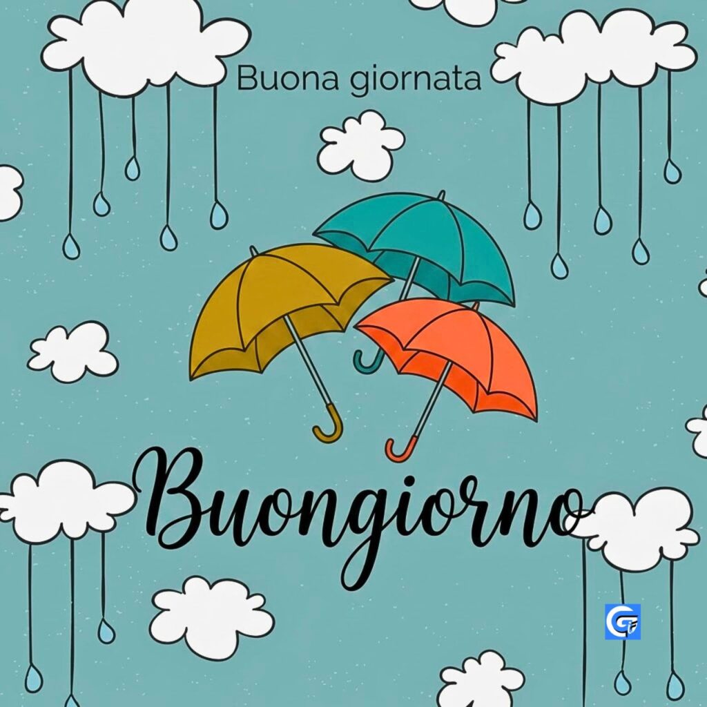 Bambina con ombrello giallo e fiori sotto la pioggia, con testo Buongiorno e Se il sole ce l&rsquo;hai dentro...