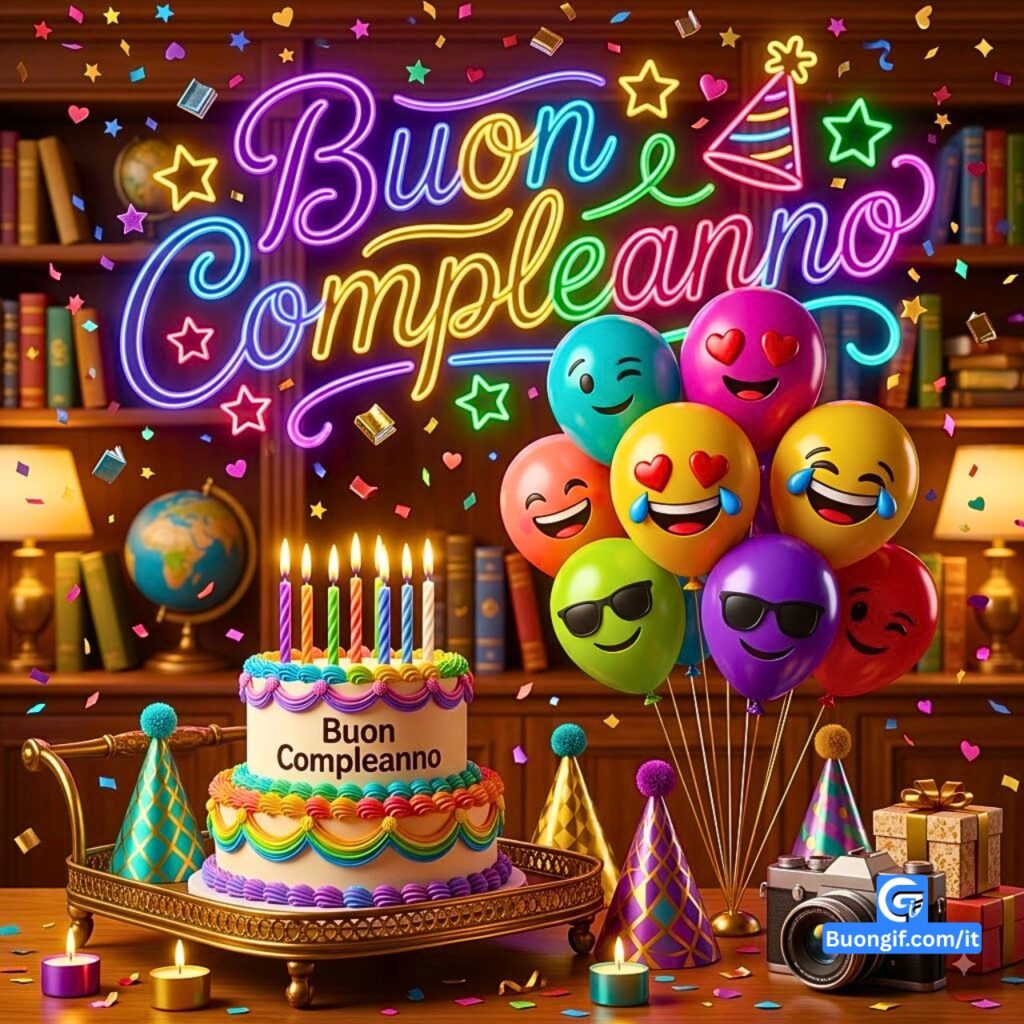 Neon 'Buon Compleanno' sopra torta teal e palloncini emoji in sala indigo.