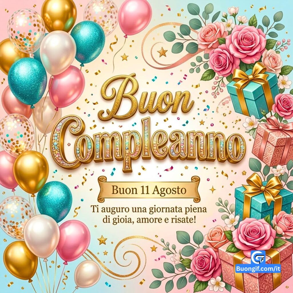 Calligrafia dorata 'Buon Compleanno' tra palloncini rosa e oro e fiori su biglietto auguri.