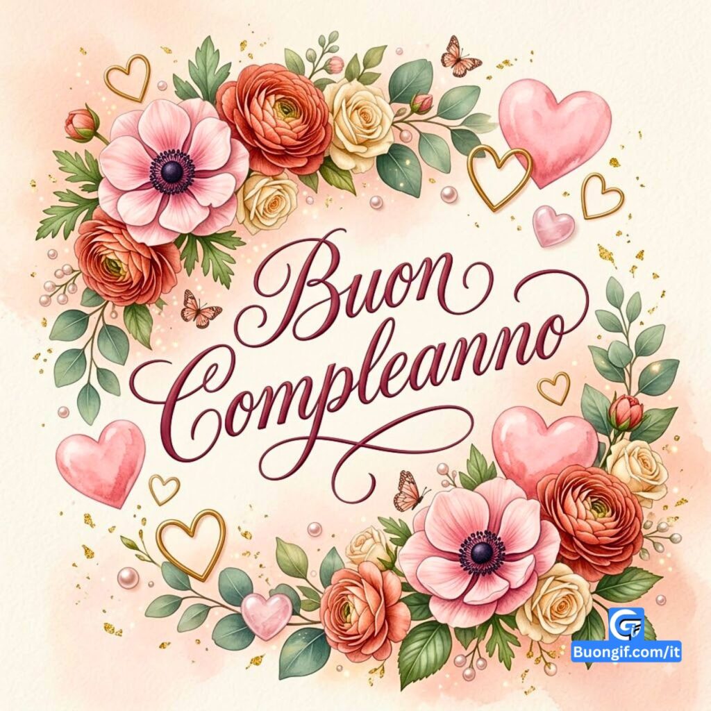 Un elegante biglietto d'auguri con corona di ranuncoli rosa e cuori che circonda la scritta calligrafica "Buon Compleanno".