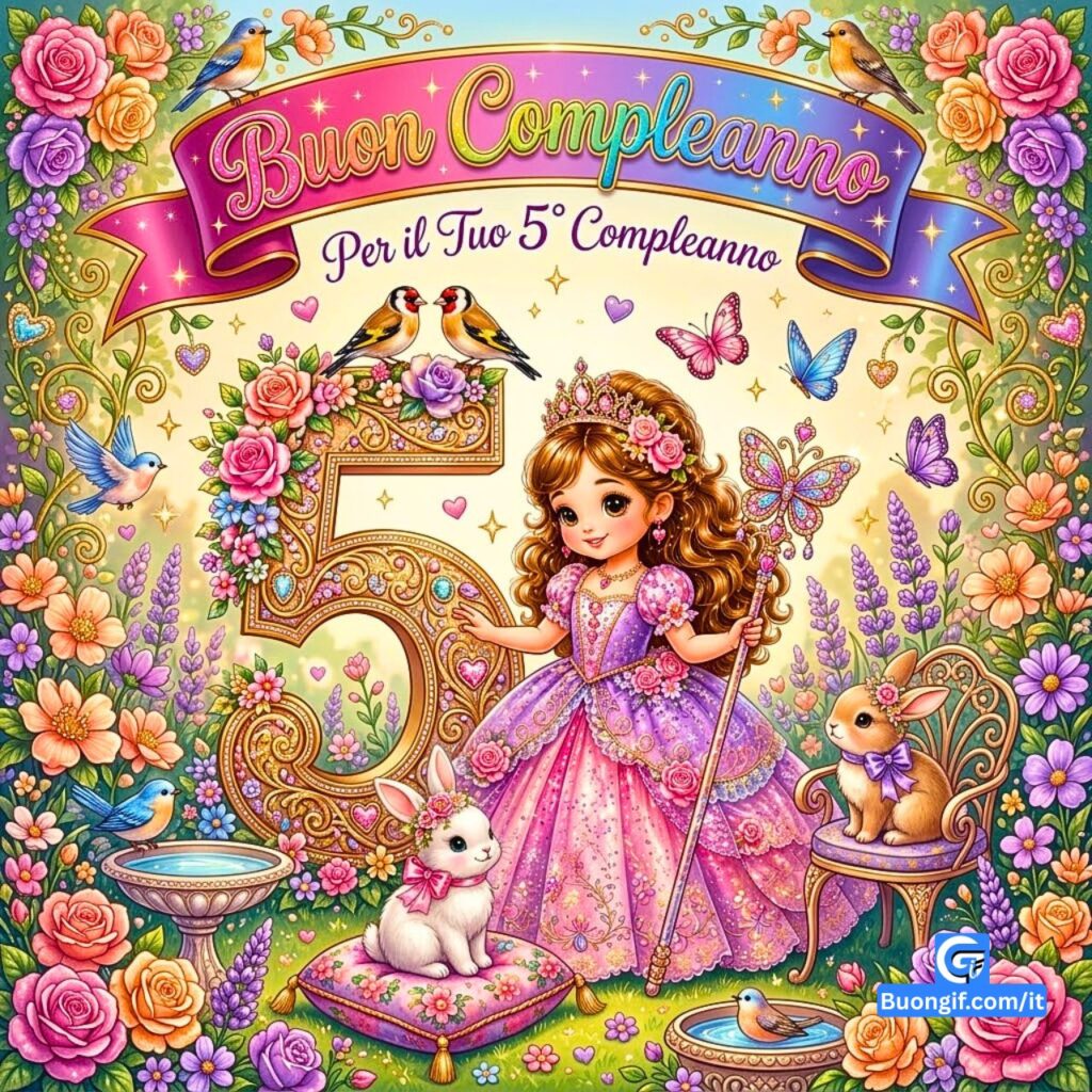 Illustrazione di compleanno per bambina con testo Buon Compleanno e numero 5 in giardino con animali.