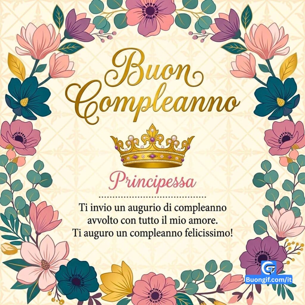 Cartolina di auguri Buon Compleanno Principessa con cornice floreale e corona.