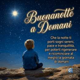 Immagini e GIF di buonanotte a domani con cielo notturno, luna luminosa e stelle scintillanti, accompagnate da frasi dolci e romantiche pronte per essere condivise su WhatsApp