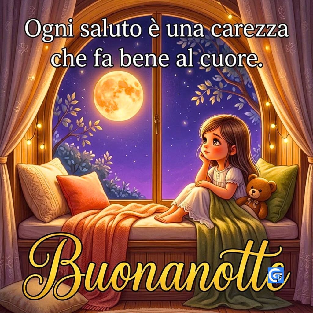 Bambina e orsetto alla finestra sotto la luna. Testo: Buonanotte, Ogni saluto &egrave; una carezza.