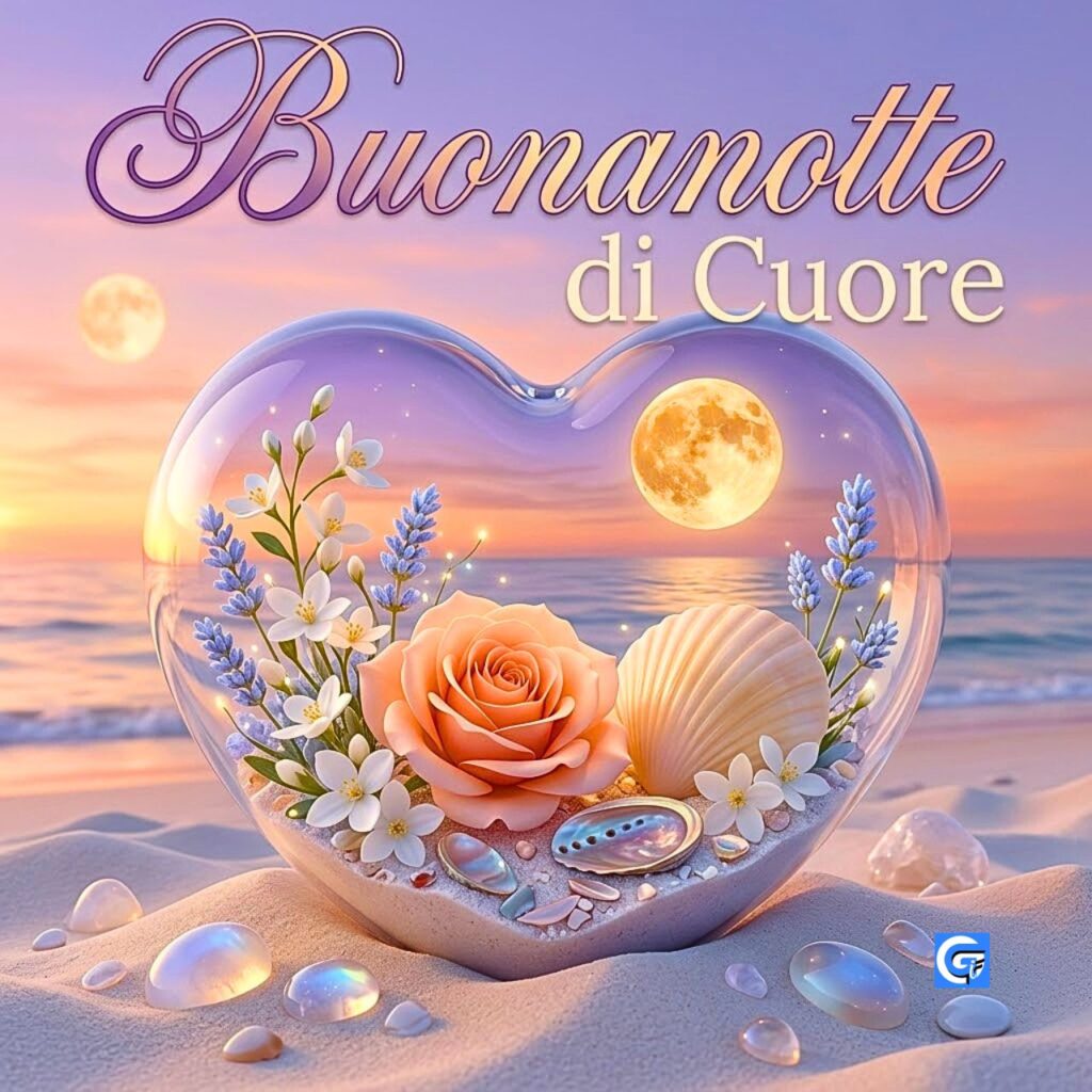 Cuore di vetro con rosa e mare su spiaggia. Testo: Buonanotte di Cuore.