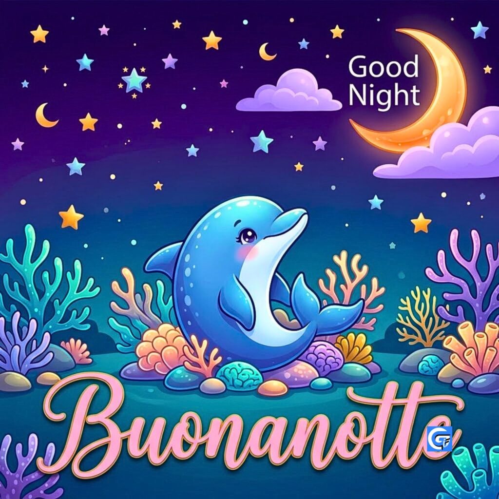 Delfino baby su barriera corallina sotto cielo notturno con stelle. Testo Good Night e Buonanotte.