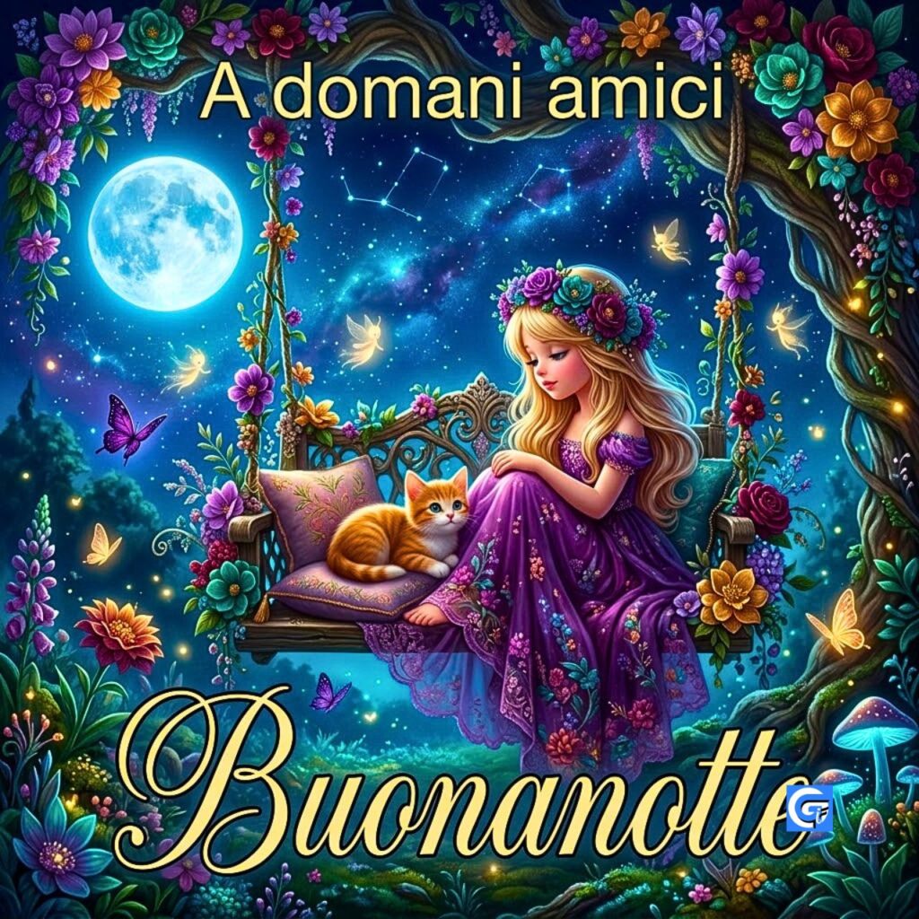 Bambina bionda su altalena fiorita con gattino e scritte A domani amici e Buonanotte