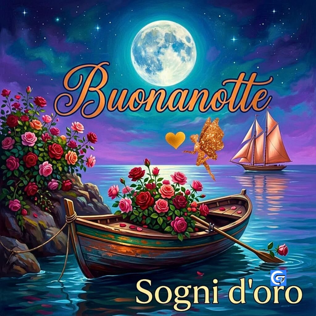 Luna piena su mare, barca di rose, fata glitter, veliero e testo Buonanotte e Sogni d'oro.