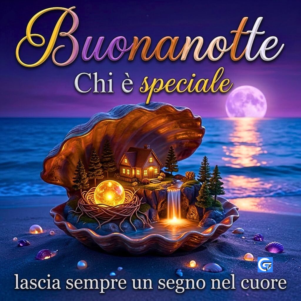 Conchiglia di notte con villaggio di vetro marino, luna argentea e testo Buonanotte.