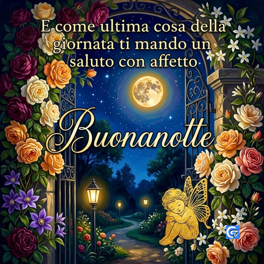 Archetto fiorito di rose, luna, cherubino e testo "Buonanotte".