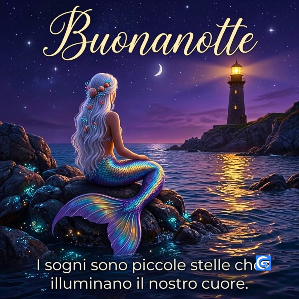 Sirena, faro, Testo: "Buonanotte", "I sogni sono piccole stelle che illuminano il nostro cuore."