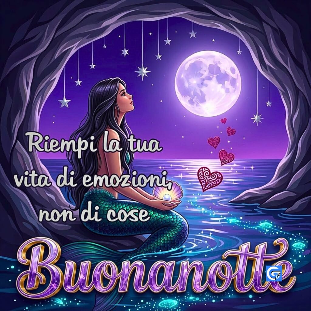 Sirena in una grotta marina sotto la luna con testo 'Riempi la tua vita' e 'Buonanotte'.