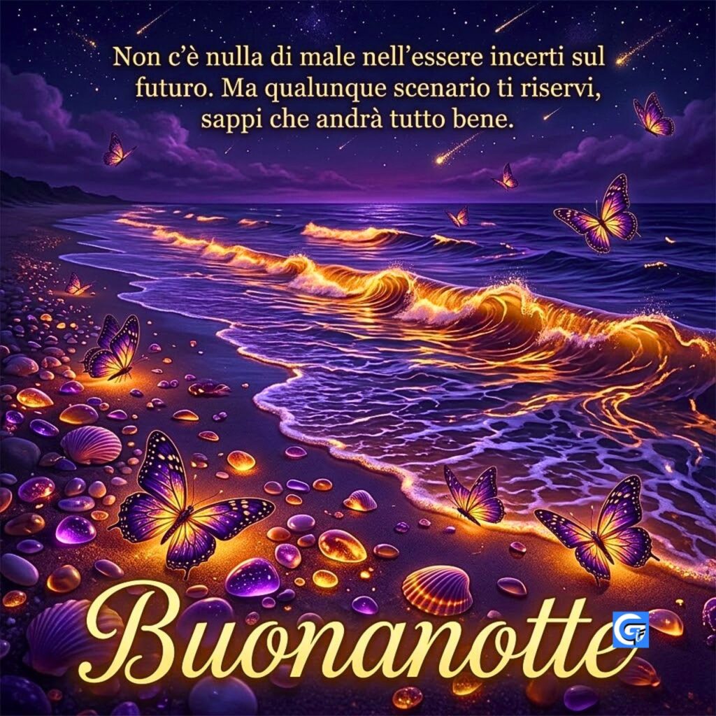 Spiaggia notturna bioluminescente con farfalle, con testo 'Buonanotte' e citazione.