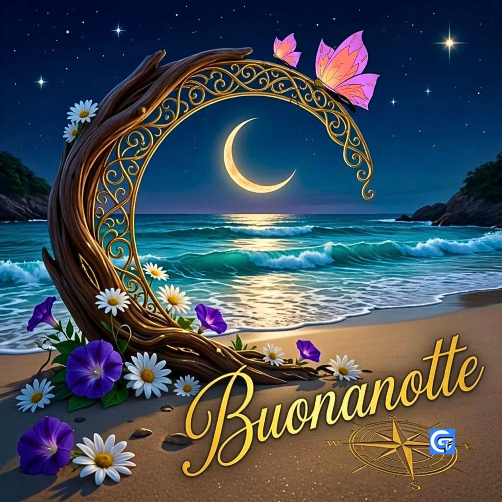 Spiaggia notturna con arco di driftwood dorato, due farfalle e testo Buonanotte in oro.
