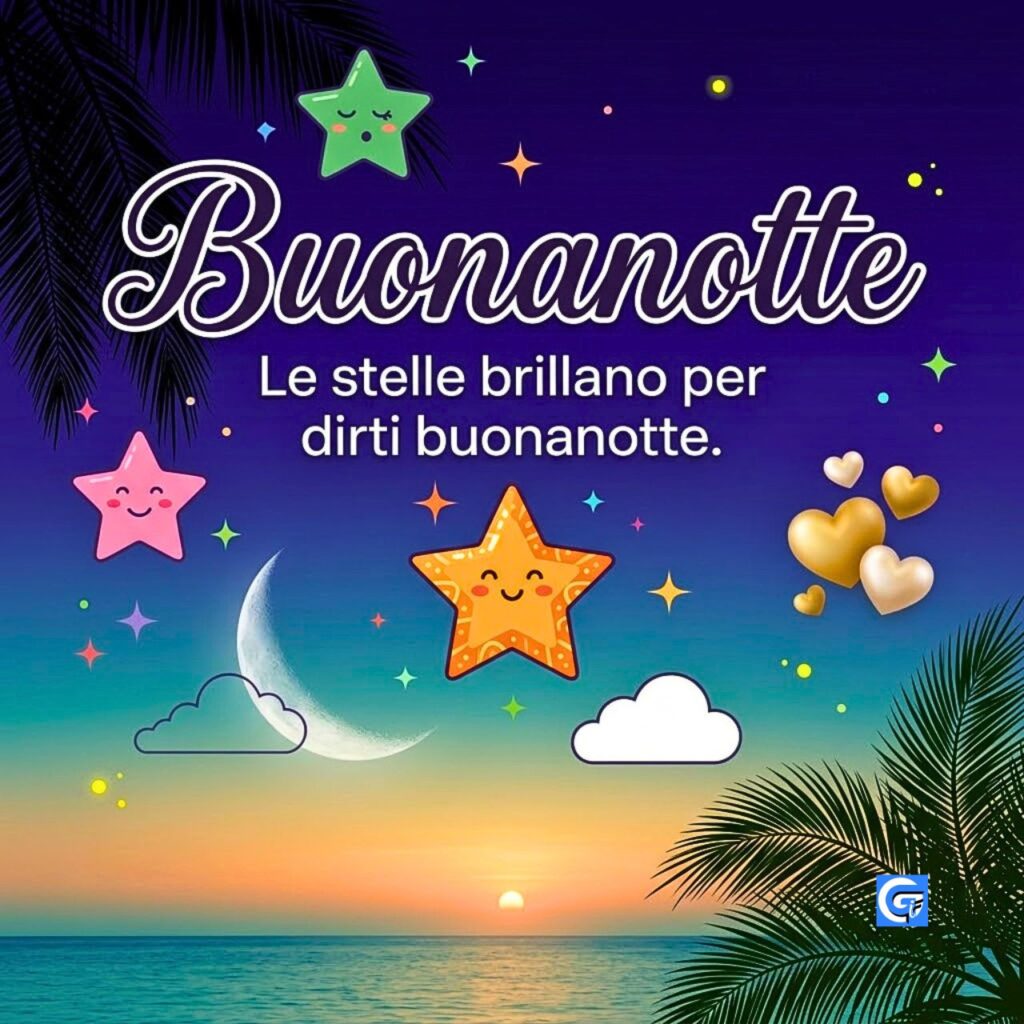 Spiaggia tropicale notturna con stelle cartone, luna e testo Buonanotte e Le stelle brillano per dirti buonanotte.