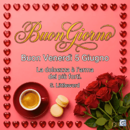 GIF colorata di buongiorno per Buon Venerdì 5 Giugno con sole brillante, fiori primaverili e atmosfera calda e motivazionale per augurare una giornata serena e positiva