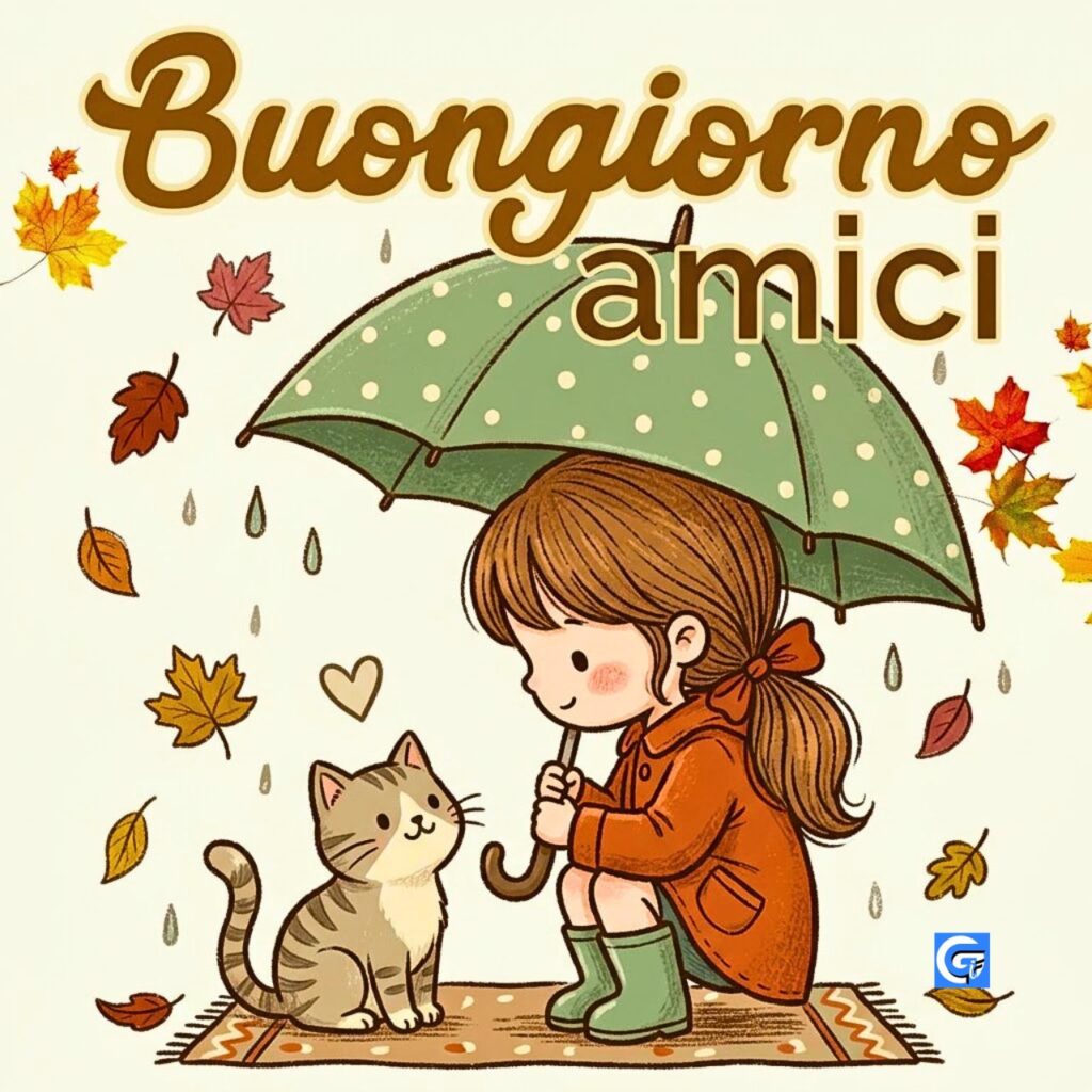Cozy vector illustration of a kneeling girl and grey tabby cat under a sage umbrella in autumn rain, with text Buongiorno amici.