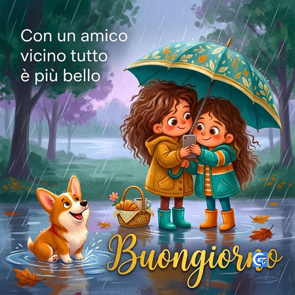 Due amiche con ombrello colorato e Corgi sotto la pioggia sottile al parco. Buongiorno.