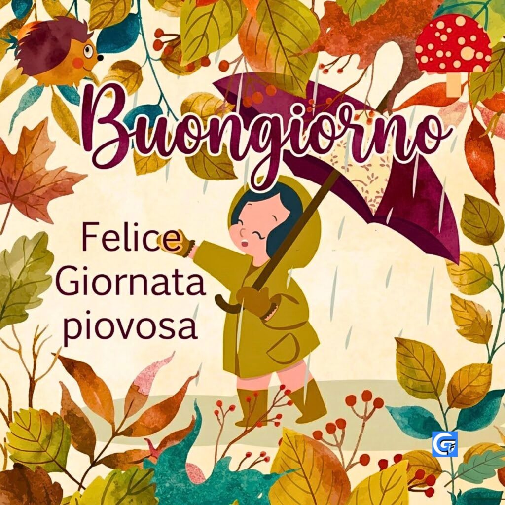 Bambina con ombrello viola e testo "Buongiorno" e "Felice Giornata piovosa".