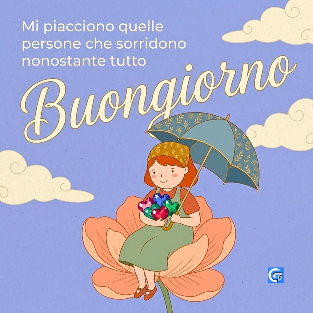 Bambina seduta su fiore con ombrello e cluster di cuori preziosi sotto la scritta Buongiorno elegante.