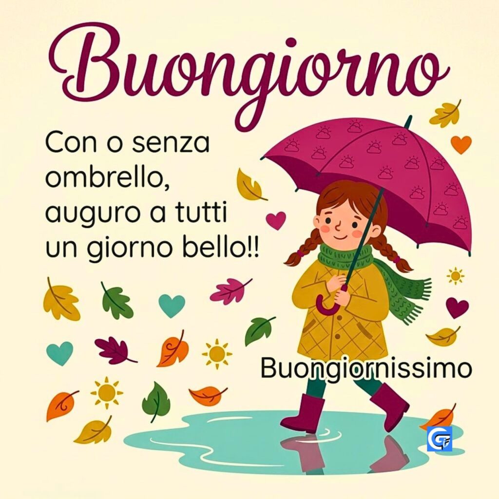 Buongiorno e Buongiornissimo testo con bambina, ombrello e foglie autunnali cadenti