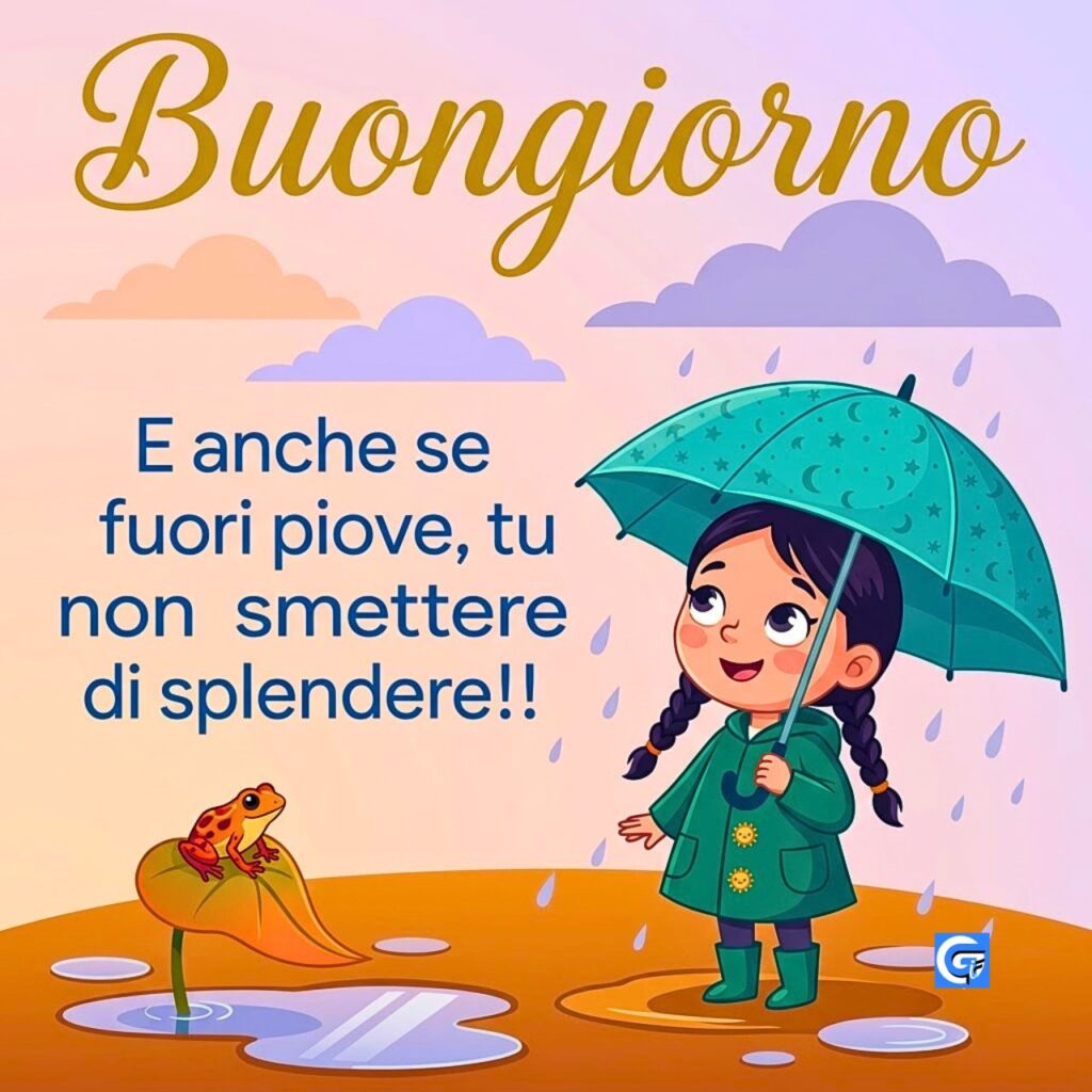 Bambina con ombrello verde nella pioggia, rana su foglia e testo Buongiorno e citazione.