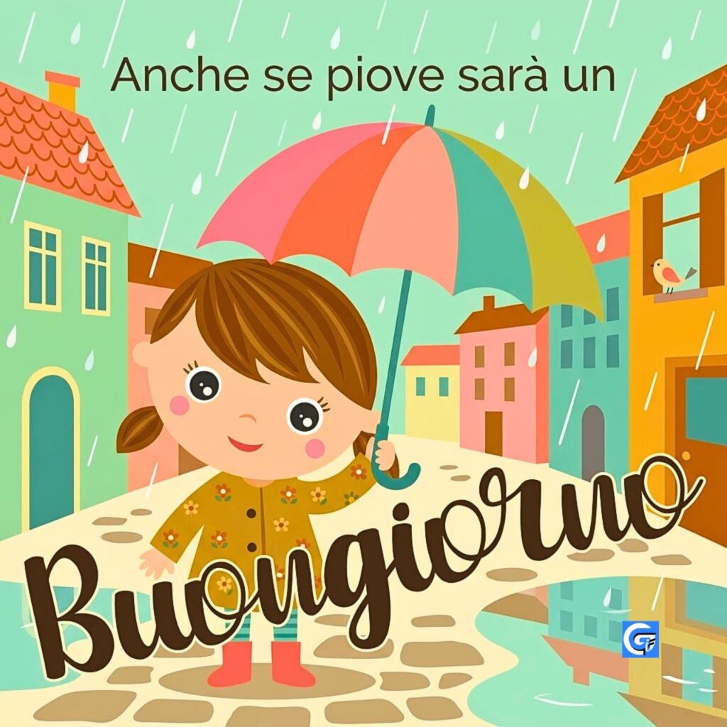Bambina con ombrello colorato sotto la pioggia e la scritta Buongiorno