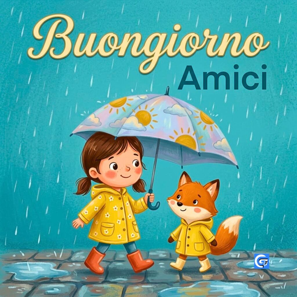 Illustrazione bambina e volpe sotto la pioggia con testo Buongiorno Amici