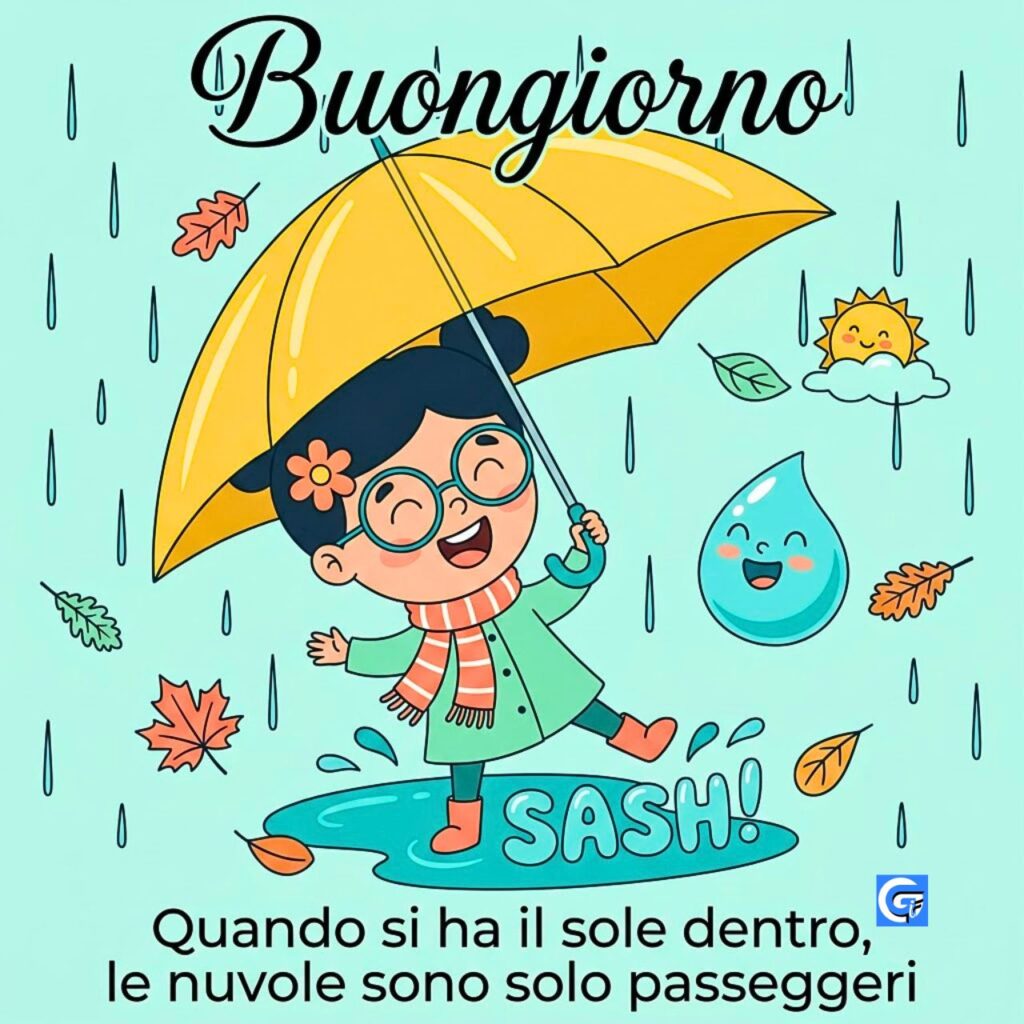 Bambina felice con ombrello giallo, pioggia e testo Buongiorno in autunno.