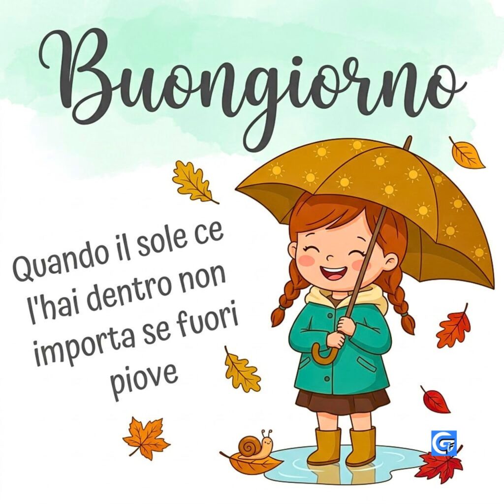 Bambina con ombrello ocra e scritte italiane tra foglie d'autunno.
