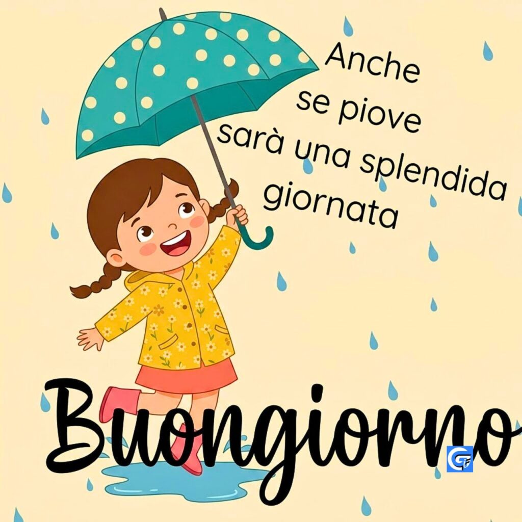 Bambina salta felice sotto la pioggia con ombrello teal a pois e scritta Buongiorno