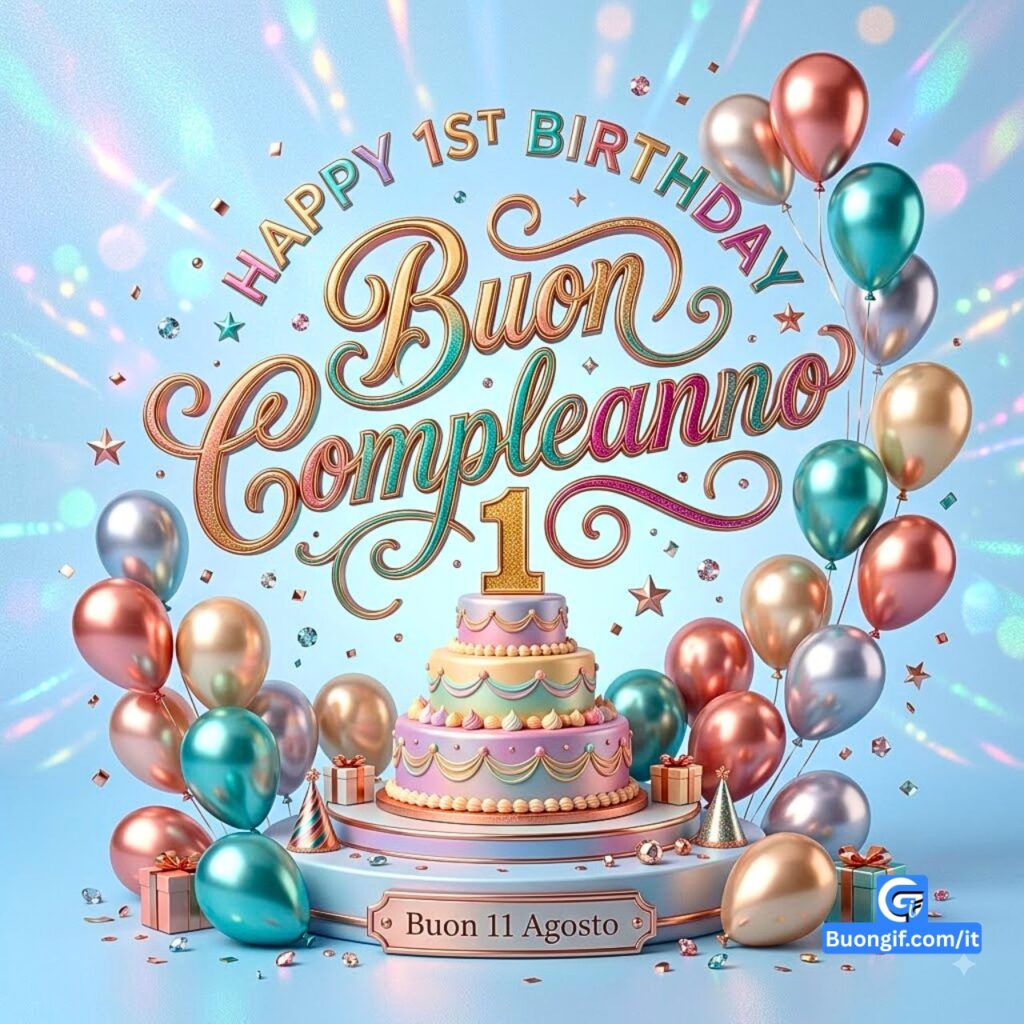 Un render 3D festoso per il primo compleanno con palloncini, torta e testo 'Buon Compleanno Buon 11 Agosto'