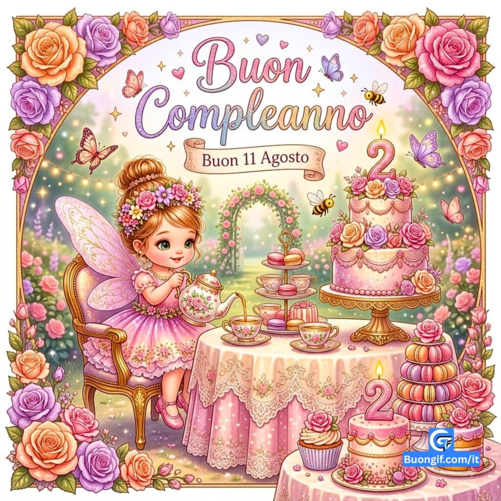 Una dolce cartolina di compleanno con una piccola fata e dolci in un giardino di rose.