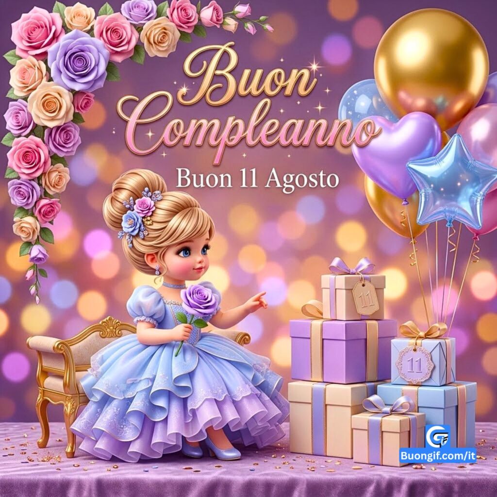 Un elegante render 3D per gli auguri di compleanno con una principessa bambina, fiori e regali, datato Buon 11 Agosto.