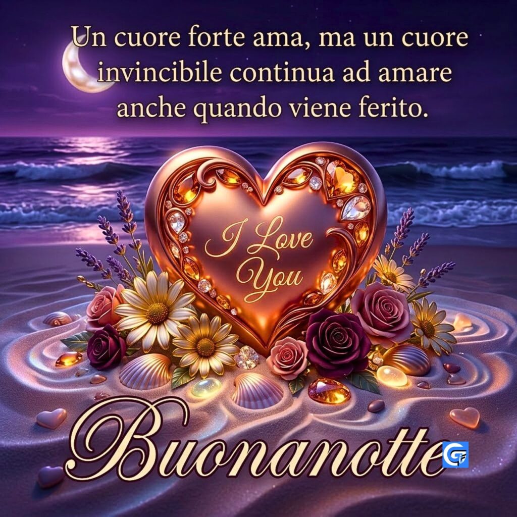 Cuore gioiello circondato da rose e margherite sulla spiaggia di notte con scritta Buonanotte.