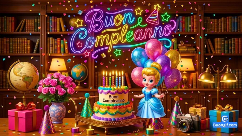 Bambola di Cenerentola con palloncini, torta arcobaleno e insegna al neon Buon Compleanno.